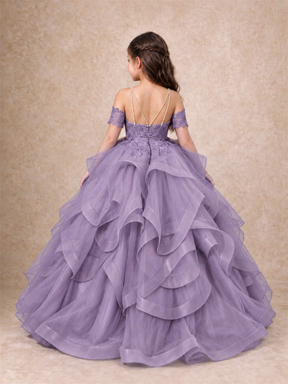 3D Floral Girls Pageant Dresses Off Shoulder Ruffled Tulle Princess Gown for Wedding Birthday Party