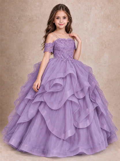 3D Floral Girls Pageant Dresses Off Shoulder Ruffled Tulle Princess Gown for Wedding Birthday Party
