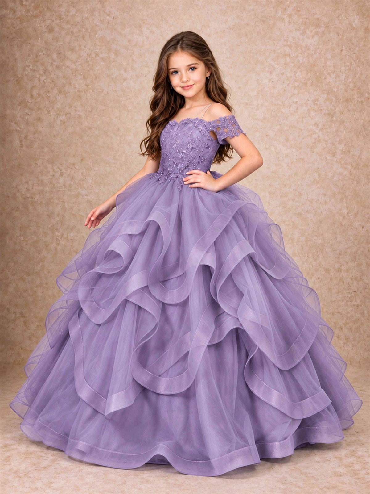 3D Floral Girls Pageant Dresses Off Shoulder Ruffled Tulle Princess Gown for Wedding Birthday Party