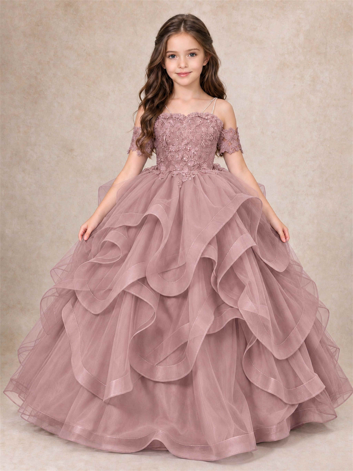 3D Floral Girls Pageant Dresses Off Shoulder Ruffled Tulle Princess Gown for Wedding Birthday Party