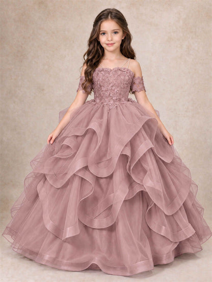 3D Floral Girls Pageant Dresses Off Shoulder Ruffled Tulle Princess Gown for Wedding Birthday Party