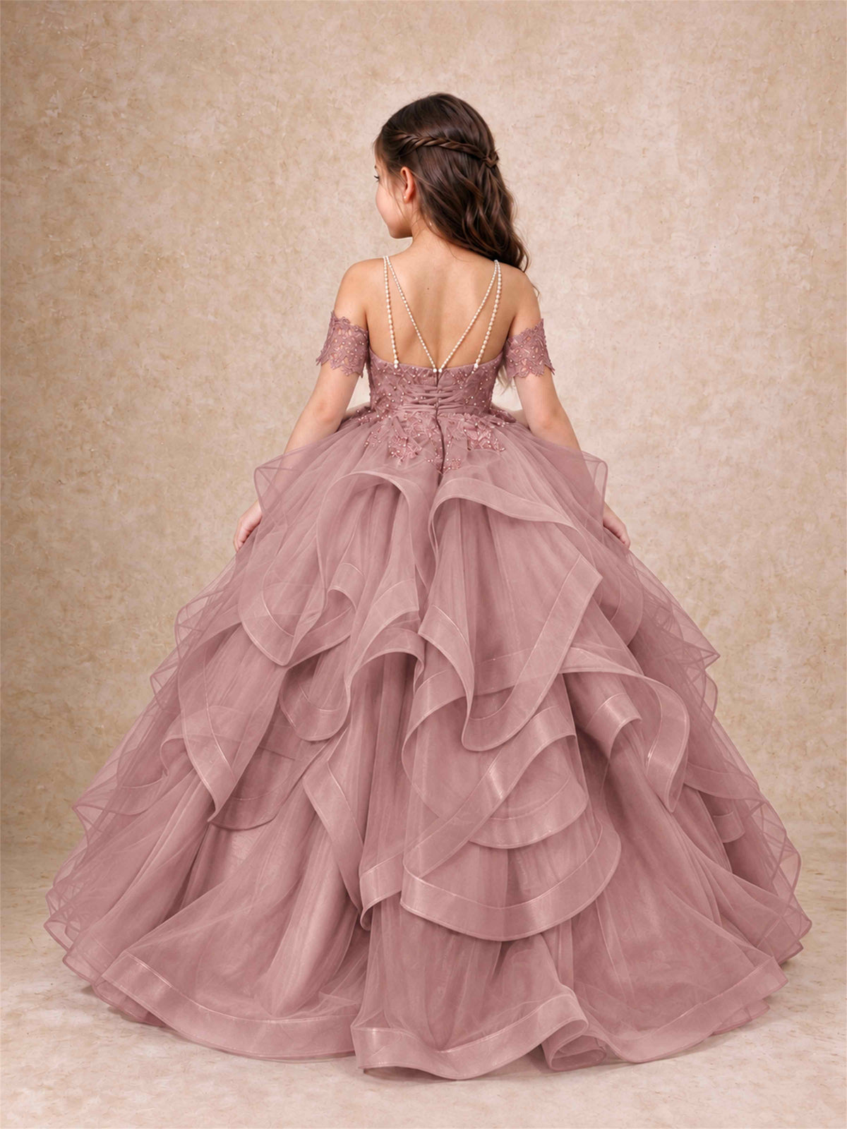 3D Floral Girls Pageant Dresses Off Shoulder Ruffled Tulle Princess Gown for Wedding Birthday Party