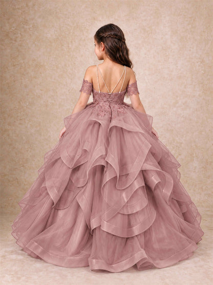 3D Floral Girls Pageant Dresses Off Shoulder Ruffled Tulle Princess Gown for Wedding Birthday Party