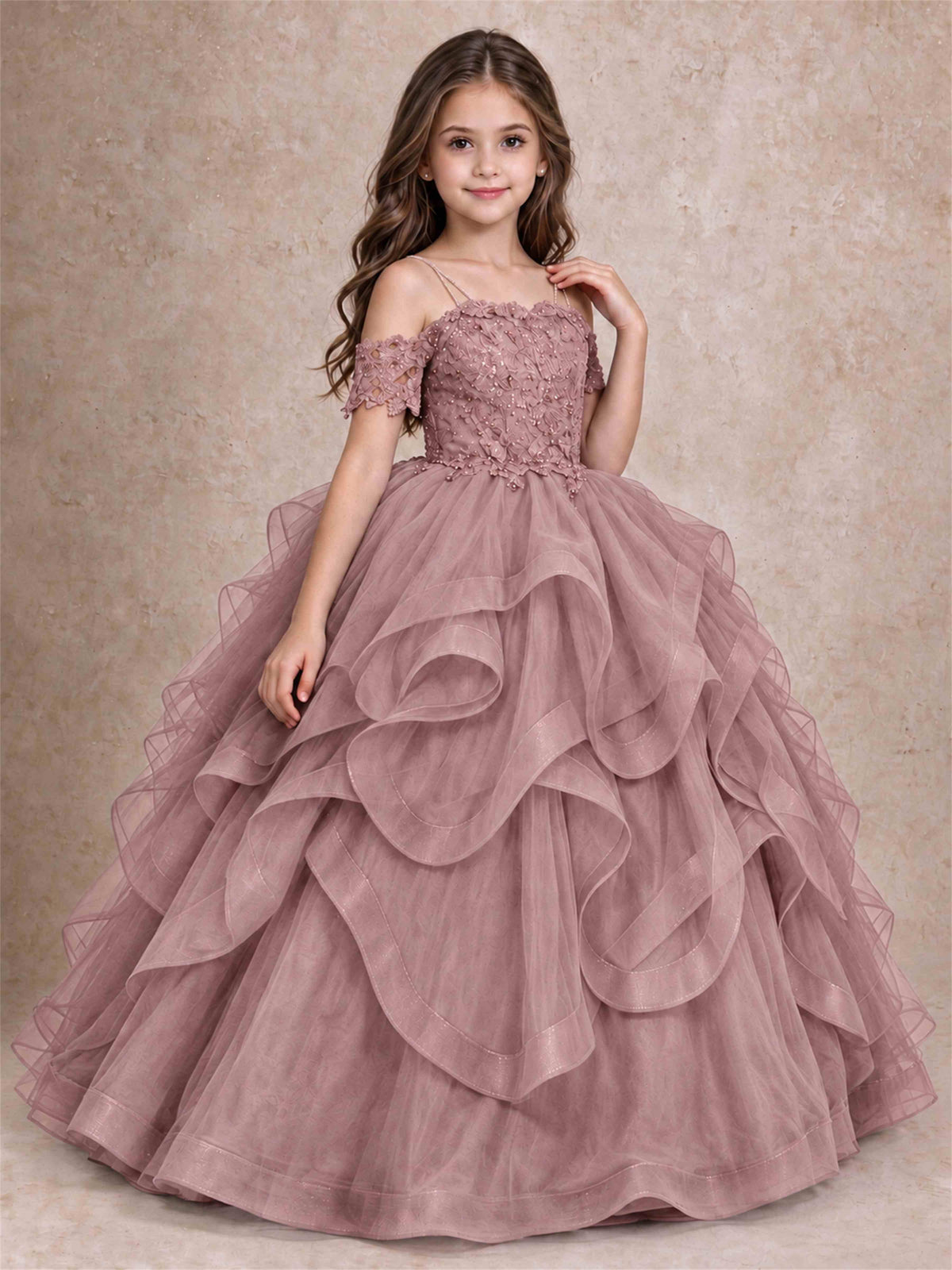 3D Floral Girls Pageant Dresses Off Shoulder Ruffled Tulle Princess Gown for Wedding Birthday Party