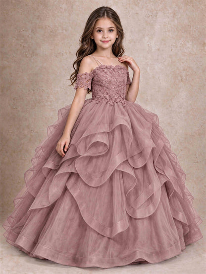 3D Floral Girls Pageant Dresses Off Shoulder Ruffled Tulle Princess Gown for Wedding Birthday Party