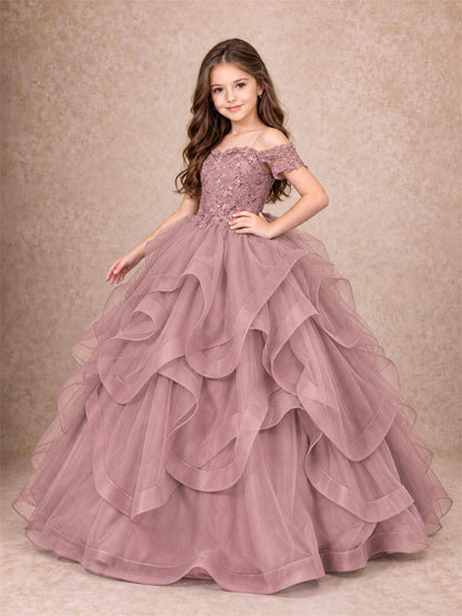 3D Floral Girls Pageant Dresses Off Shoulder Ruffled Tulle Princess Gown for Wedding Birthday Party