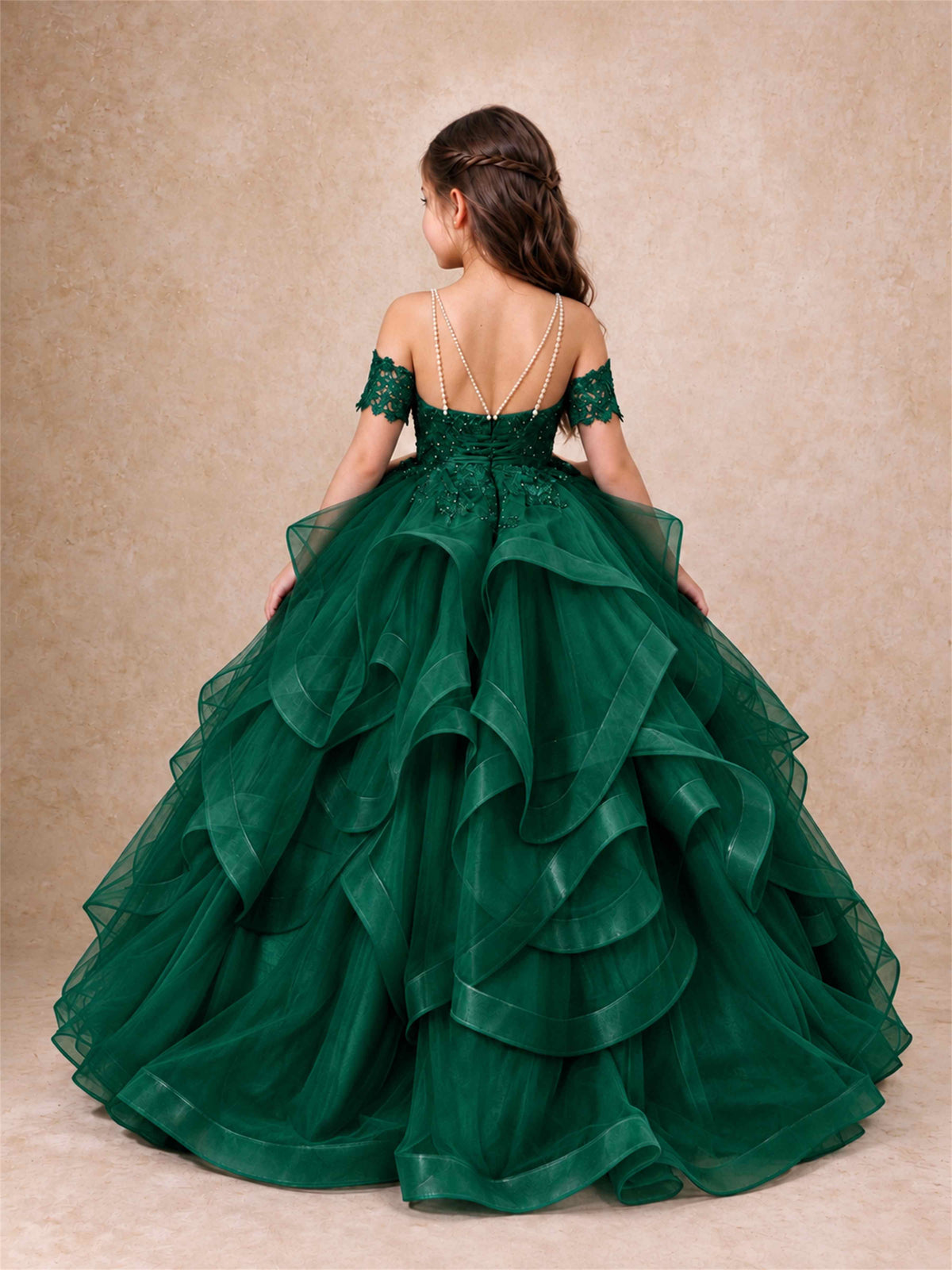3D Floral Girls Pageant Dresses Off Shoulder Ruffled Tulle Princess Gown for Wedding Birthday Party