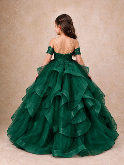 3D Floral Girls Pageant Dresses Off Shoulder Ruffled Tulle Princess Gown for Wedding Birthday Party