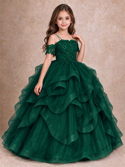 3D Floral Girls Pageant Dresses Off Shoulder Ruffled Tulle Princess Gown for Wedding Birthday Party