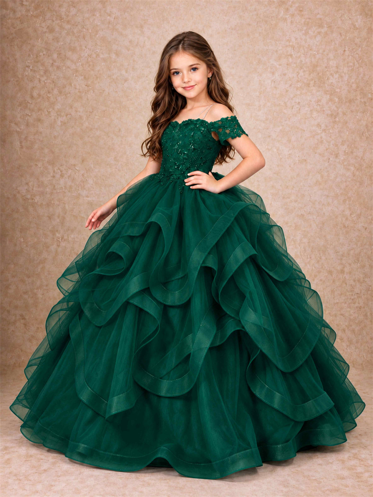 3D Floral Girls Pageant Dresses Off Shoulder Ruffled Tulle Princess Gown for Wedding Birthday Party