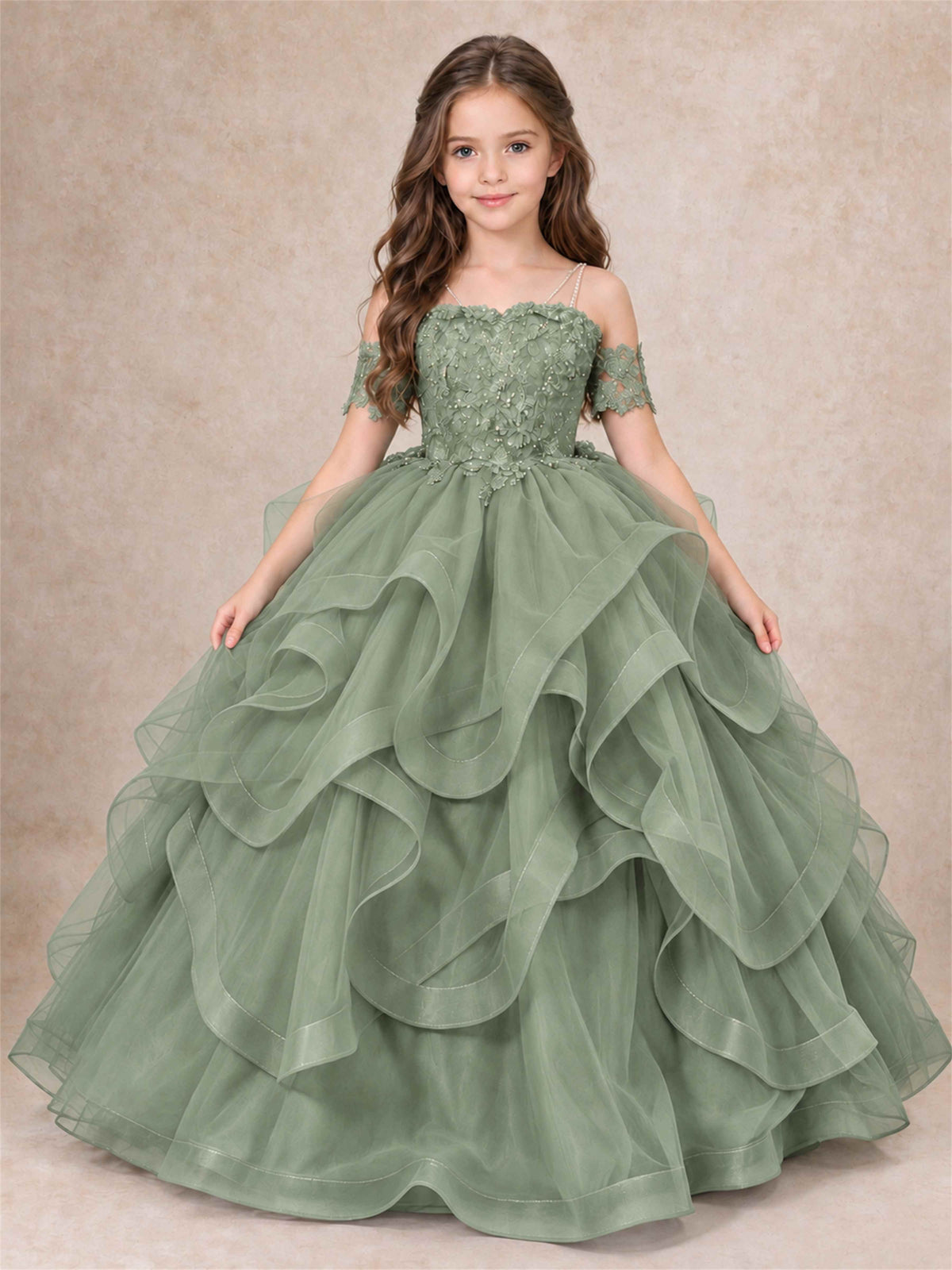 3D Floral Girls Pageant Dresses Off Shoulder Ruffled Tulle Princess Gown for Wedding Birthday Party