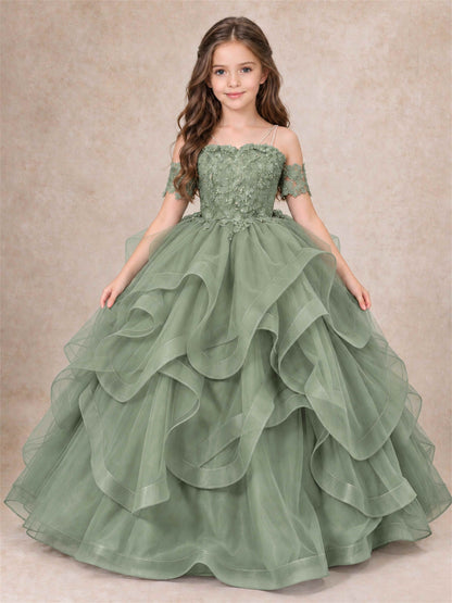 3D Floral Girls Pageant Dresses Off Shoulder Ruffled Tulle Princess Gown for Wedding Birthday Party