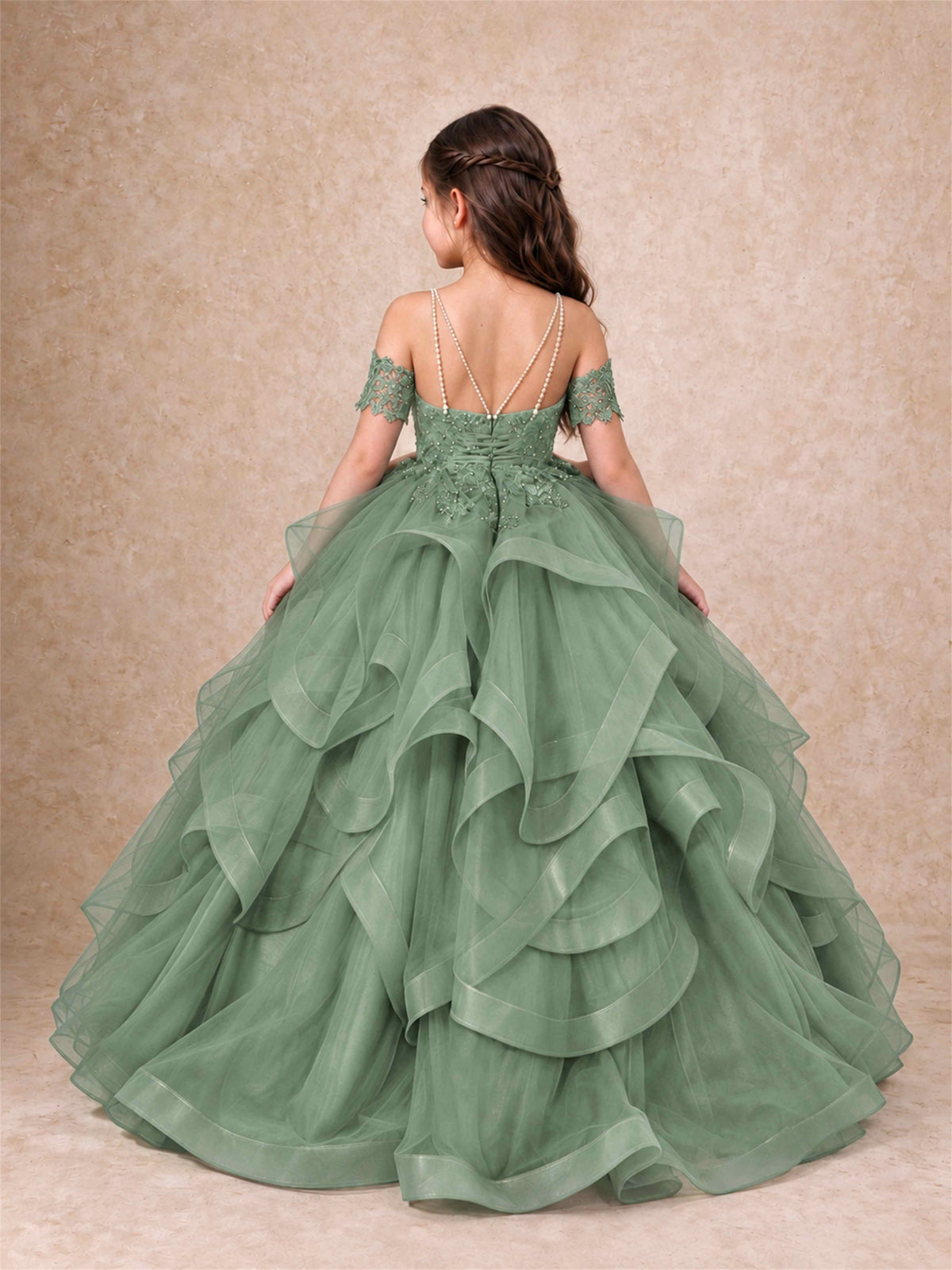 3D Floral Girls Pageant Dresses Off Shoulder Ruffled Tulle Princess Gown for Wedding Birthday Party