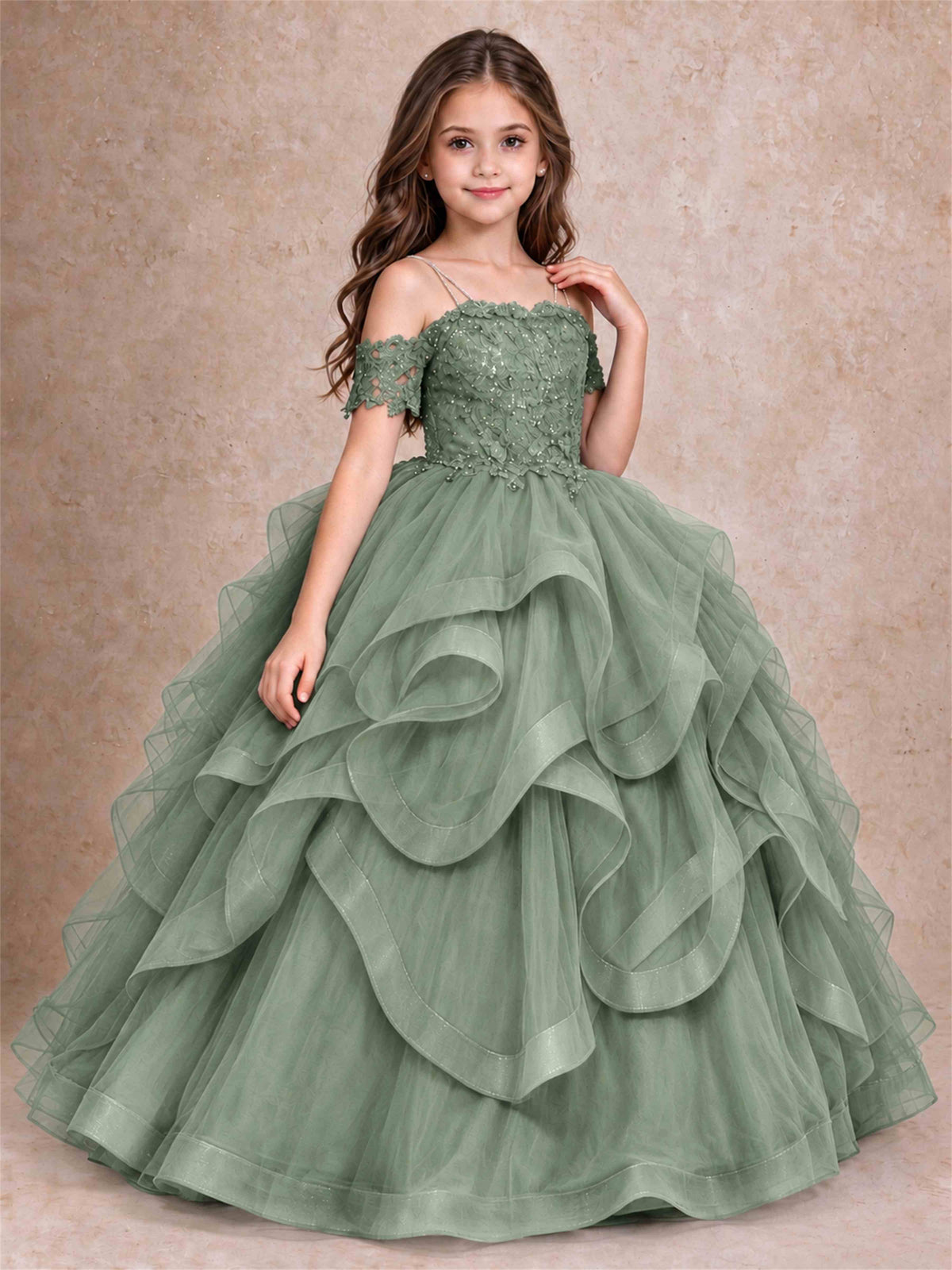3D Floral Girls Pageant Dresses Off Shoulder Ruffled Tulle Princess Gown for Wedding Birthday Party