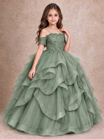 3D Floral Girls Pageant Dresses Off Shoulder Ruffled Tulle Princess Gown for Wedding Birthday Party