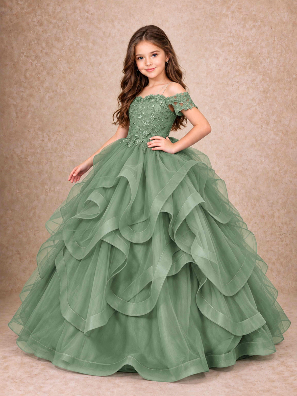 3D Floral Girls Pageant Dresses Off Shoulder Ruffled Tulle Princess Gown for Wedding Birthday Party