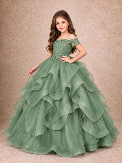 3D Floral Girls Pageant Dresses Off Shoulder Ruffled Tulle Princess Gown for Wedding Birthday Party