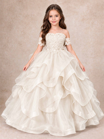 3D Floral Girls Pageant Dresses Off Shoulder Ruffled Tulle Princess Gown for Wedding Birthday Party
