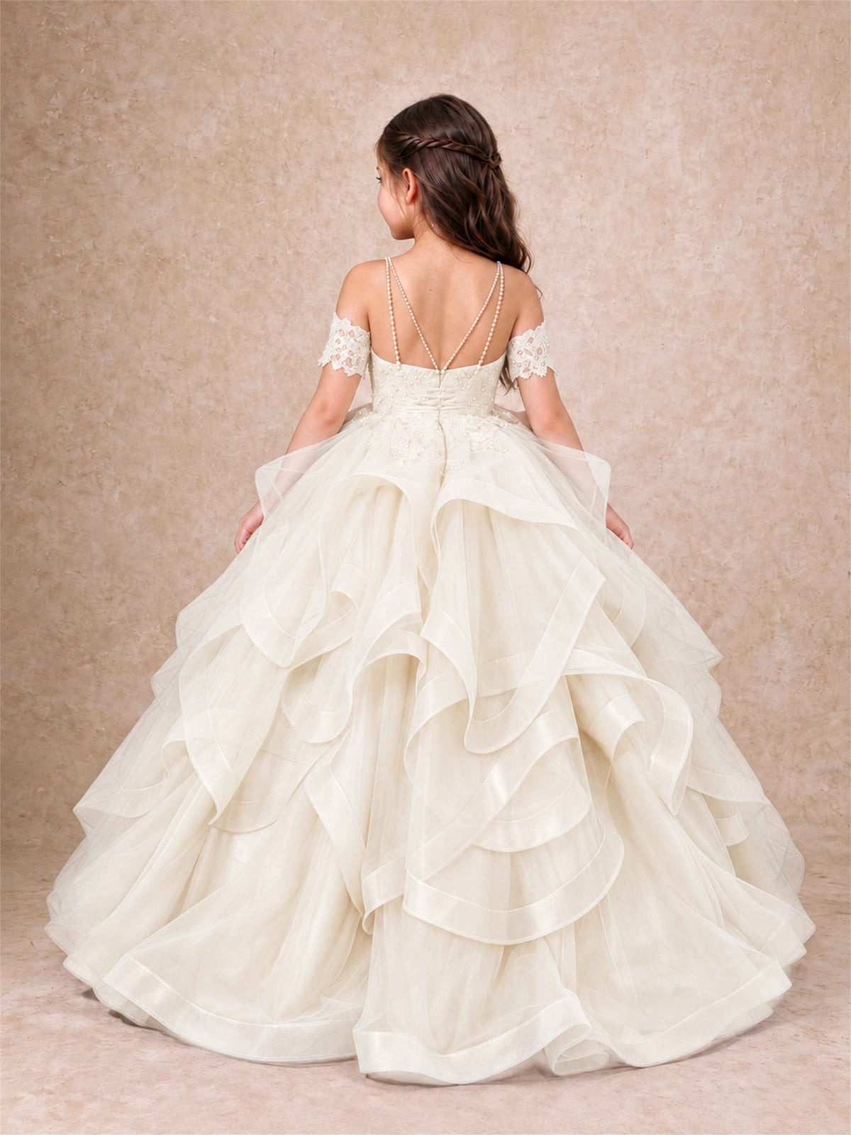 3D Floral Girls Pageant Dresses Off Shoulder Ruffled Tulle Princess Gown for Wedding Birthday Party
