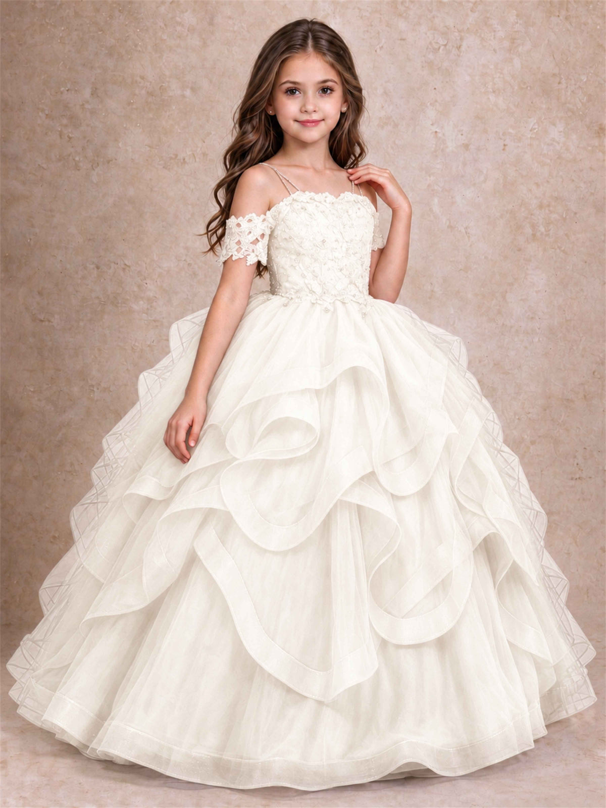 3D Floral Girls Pageant Dresses Off Shoulder Ruffled Tulle Princess Gown for Wedding Birthday Party