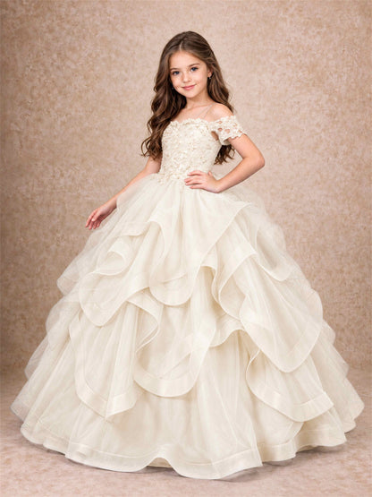 3D Floral Girls Pageant Dresses Off Shoulder Ruffled Tulle Princess Gown for Wedding Birthday Party