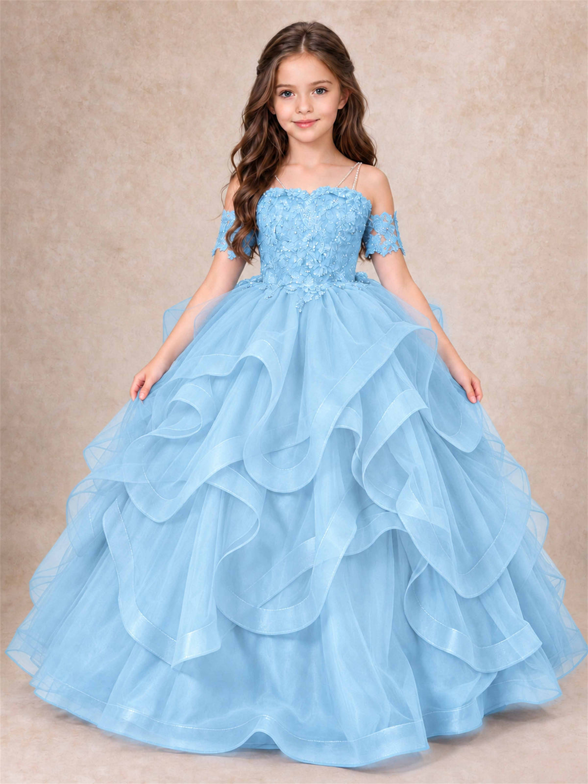 3D Floral Girls Pageant Dresses Off Shoulder Ruffled Tulle Princess Gown for Wedding Birthday Party
