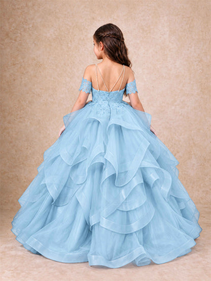3D Floral Girls Pageant Dresses Off Shoulder Ruffled Tulle Princess Gown for Wedding Birthday Party