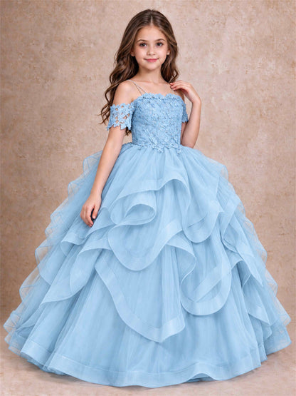3D Floral Girls Pageant Dresses Off Shoulder Ruffled Tulle Princess Gown for Wedding Birthday Party