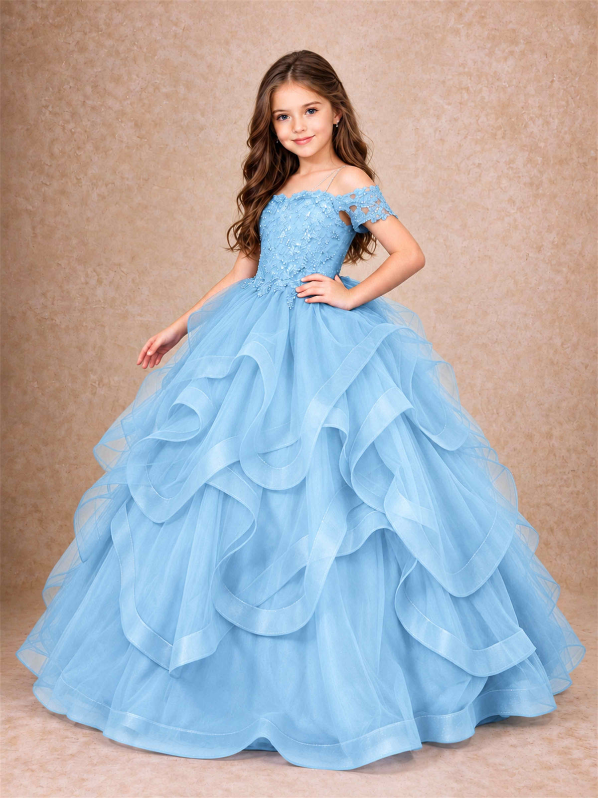 3D Floral Girls Pageant Dresses Off Shoulder Ruffled Tulle Princess Gown for Wedding Birthday Party