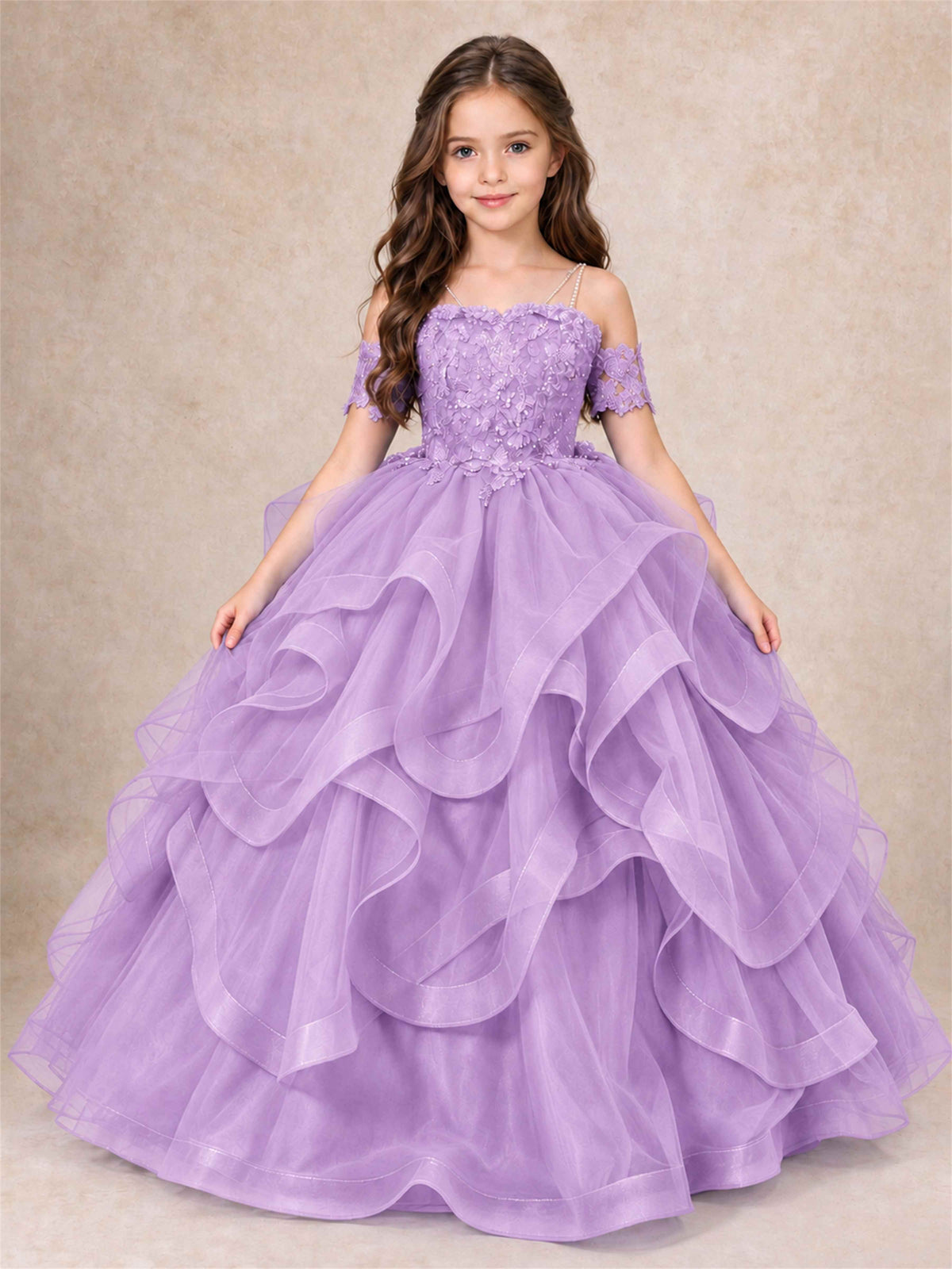 3D Floral Girls Pageant Dresses Off Shoulder Ruffled Tulle Princess Gown for Wedding Birthday Party