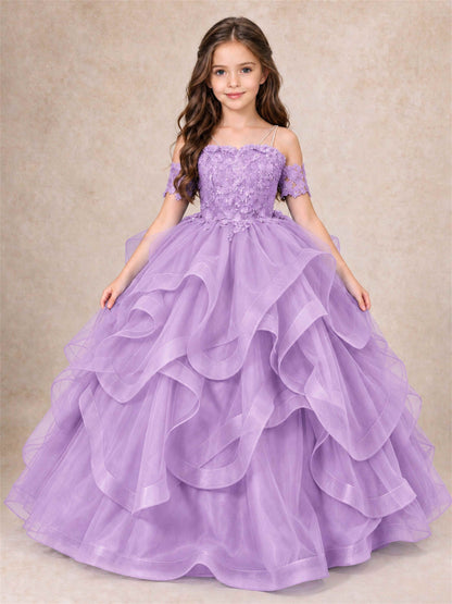 3D Floral Girls Pageant Dresses Off Shoulder Ruffled Tulle Princess Gown for Wedding Birthday Party