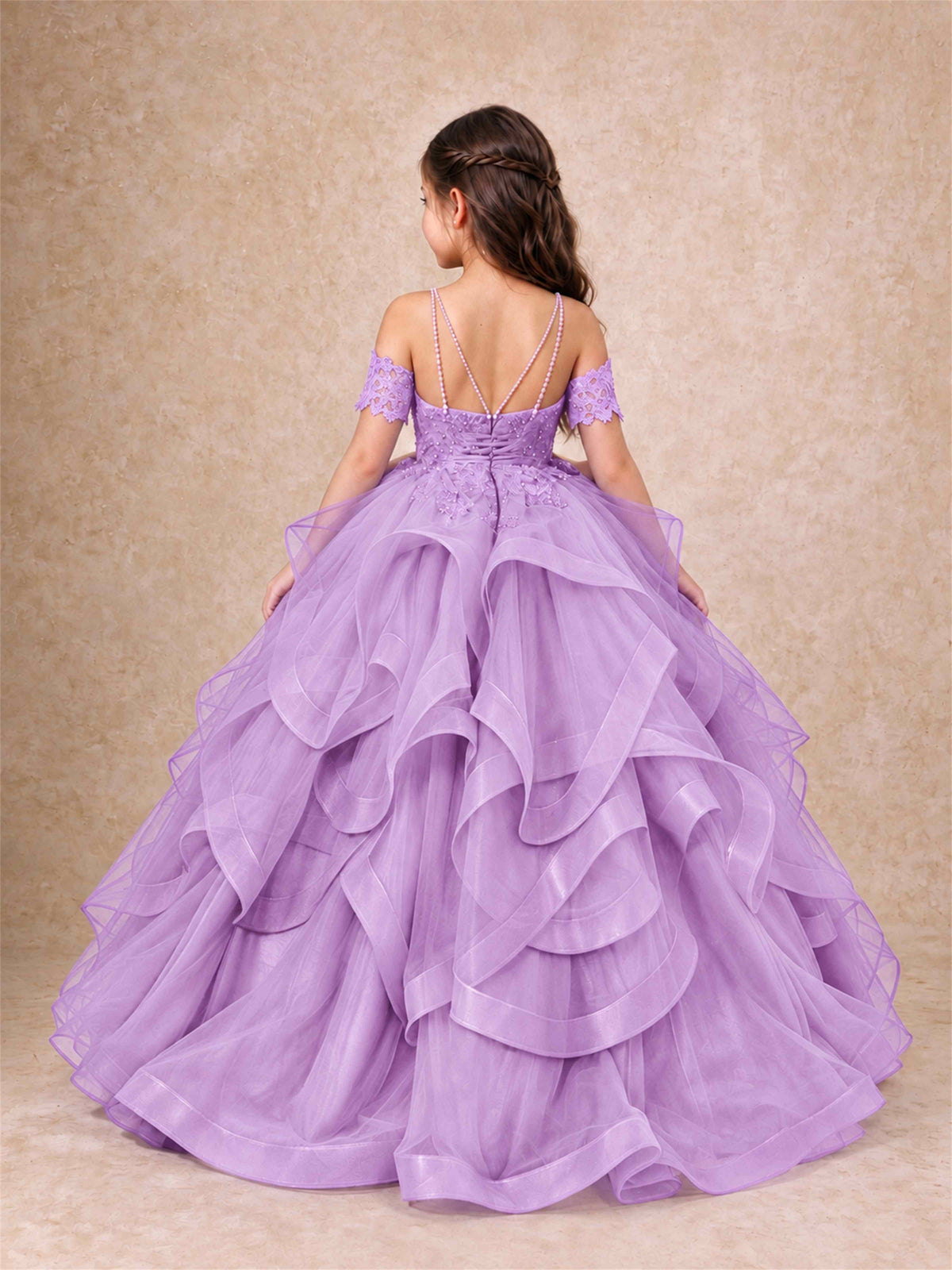 3D Floral Girls Pageant Dresses Off Shoulder Ruffled Tulle Princess Gown for Wedding Birthday Party