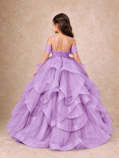 3D Floral Girls Pageant Dresses Off Shoulder Ruffled Tulle Princess Gown for Wedding Birthday Party