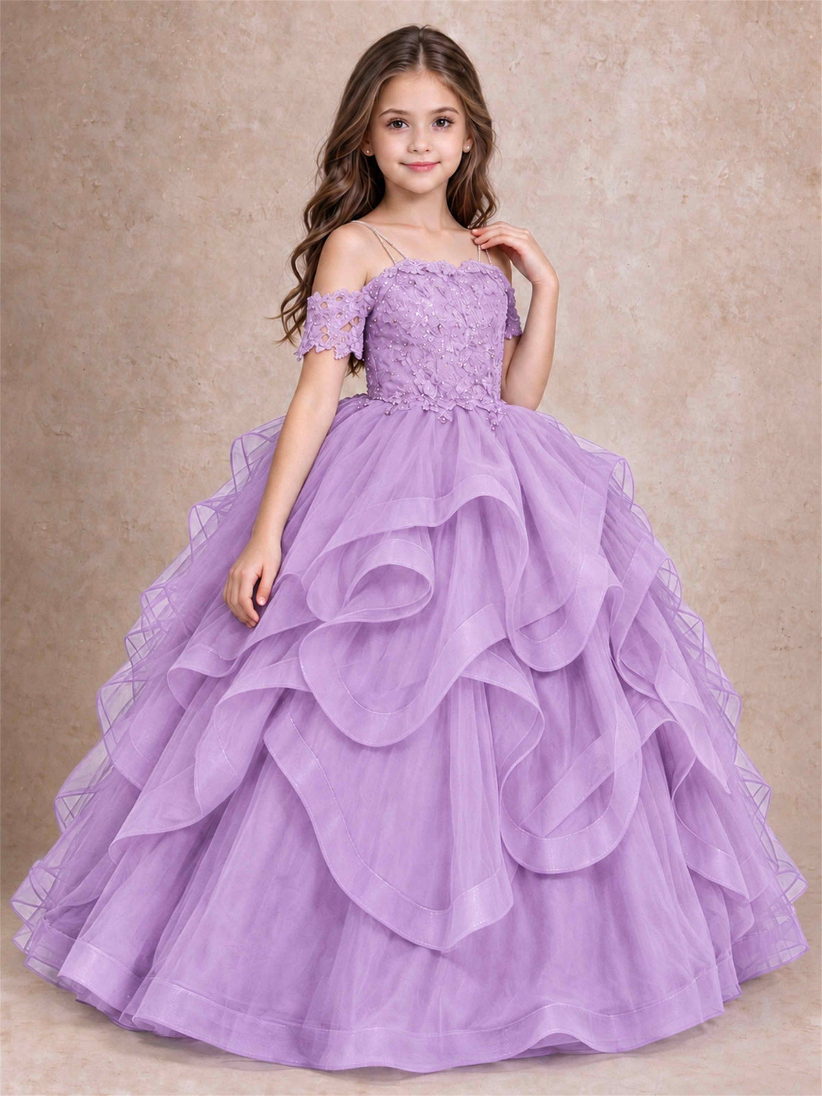 3D Floral Girls Pageant Dresses Off Shoulder Ruffled Tulle Princess Gown for Wedding Birthday Party