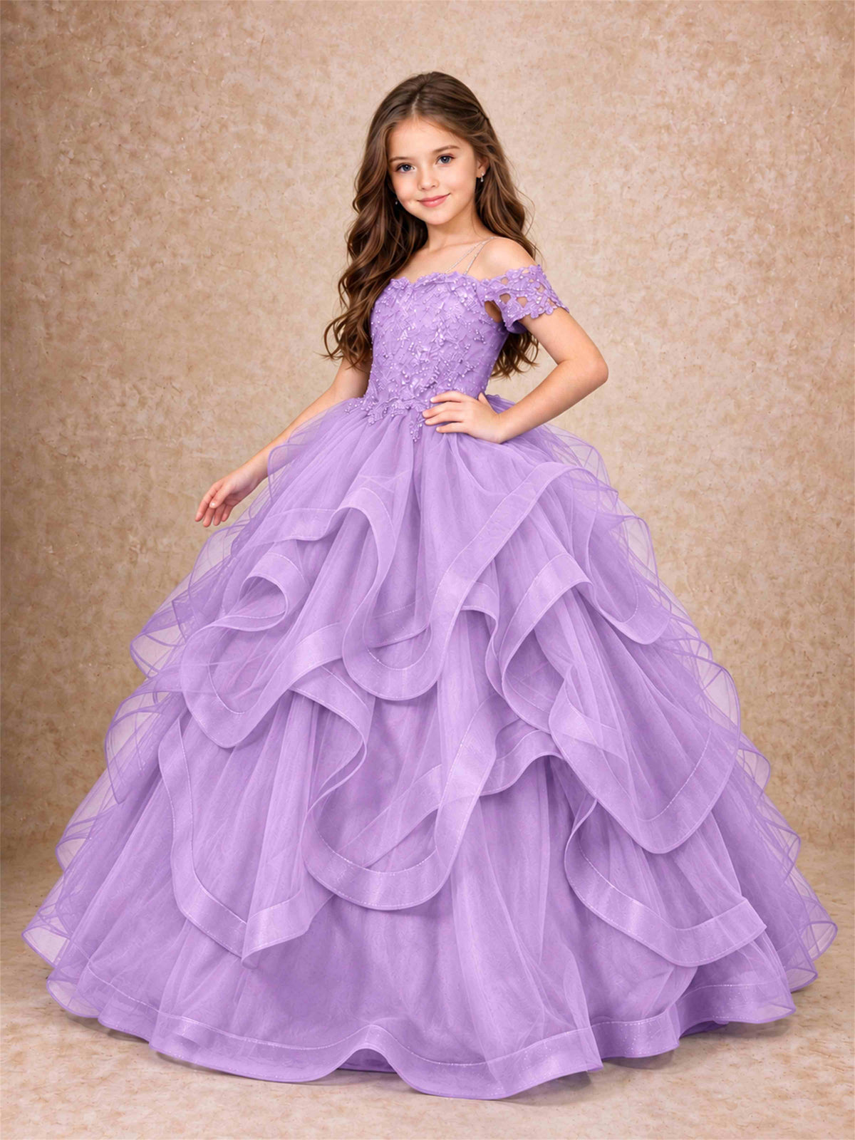 3D Floral Girls Pageant Dresses Off Shoulder Ruffled Tulle Princess Gown for Wedding Birthday Party