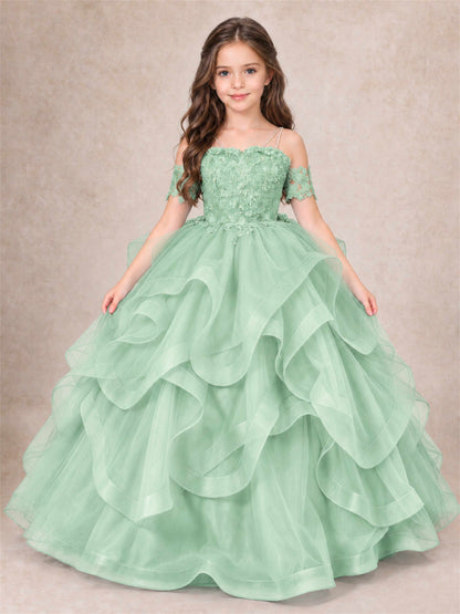 3D Floral Girls Pageant Dresses Off Shoulder Ruffled Tulle Princess Gown for Wedding Birthday Party