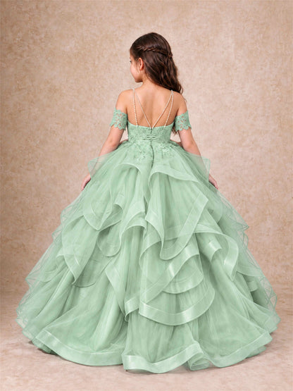 3D Floral Girls Pageant Dresses Off Shoulder Ruffled Tulle Princess Gown for Wedding Birthday Party