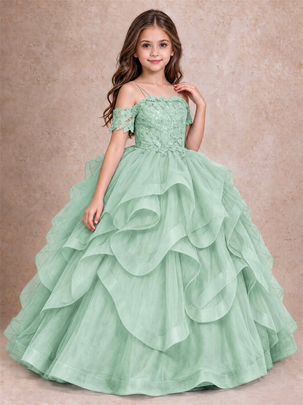 3D Floral Girls Pageant Dresses Off Shoulder Ruffled Tulle Princess Gown for Wedding Birthday Party