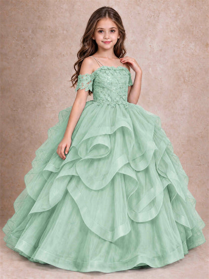 3D Floral Girls Pageant Dresses Off Shoulder Ruffled Tulle Princess Gown for Wedding Birthday Party
