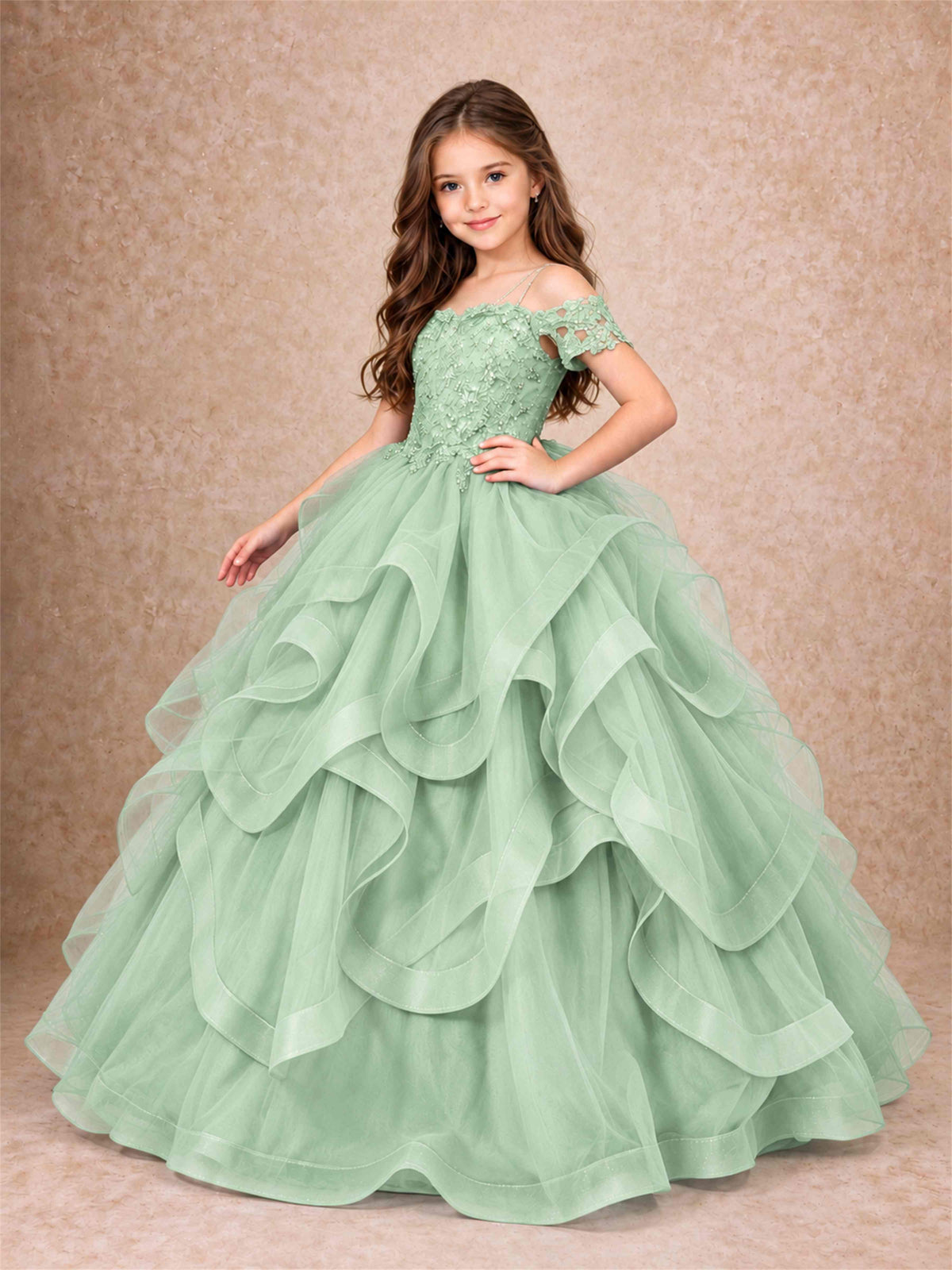 3D Floral Girls Pageant Dresses Off Shoulder Ruffled Tulle Princess Gown for Wedding Birthday Party