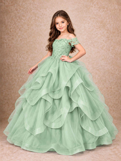 3D Floral Girls Pageant Dresses Off Shoulder Ruffled Tulle Princess Gown for Wedding Birthday Party
