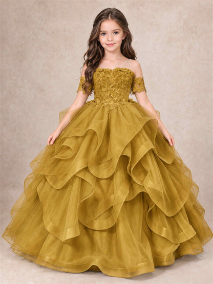3D Floral Girls Pageant Dresses Off Shoulder Ruffled Tulle Princess Gown for Wedding Birthday Party