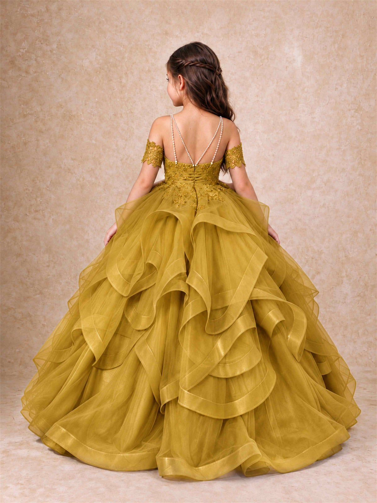 3D Floral Girls Pageant Dresses Off Shoulder Ruffled Tulle Princess Gown for Wedding Birthday Party