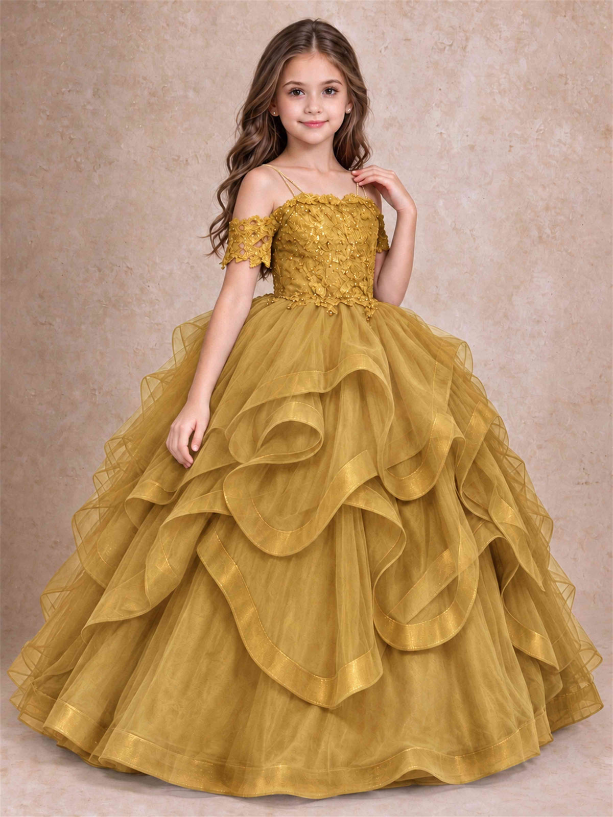 3D Floral Girls Pageant Dresses Off Shoulder Ruffled Tulle Princess Gown for Wedding Birthday Party
