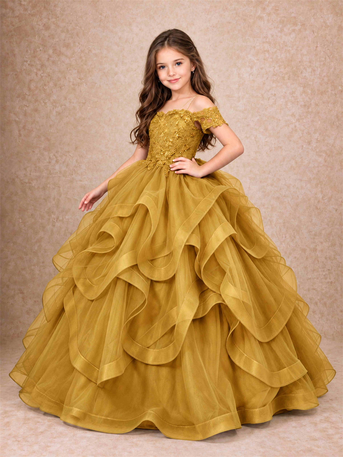 3D Floral Girls Pageant Dresses Off Shoulder Ruffled Tulle Princess Gown for Wedding Birthday Party