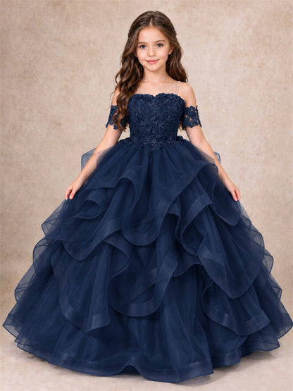 3D Floral Girls Pageant Dresses Off Shoulder Ruffled Tulle Princess Gown for Wedding Birthday Party
