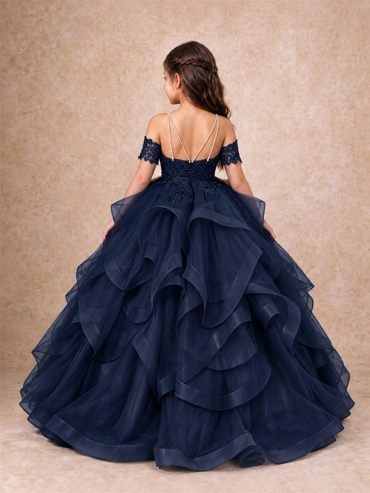 3D Floral Girls Pageant Dresses Off Shoulder Ruffled Tulle Princess Gown for Wedding Birthday Party