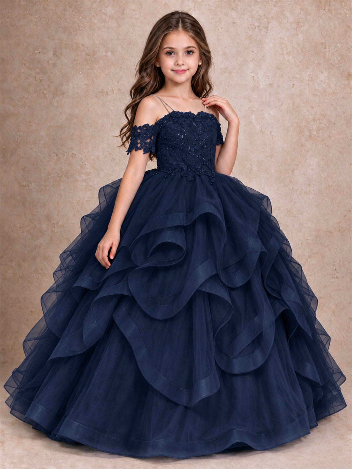 3D Floral Girls Pageant Dresses Off Shoulder Ruffled Tulle Princess Gown for Wedding Birthday Party