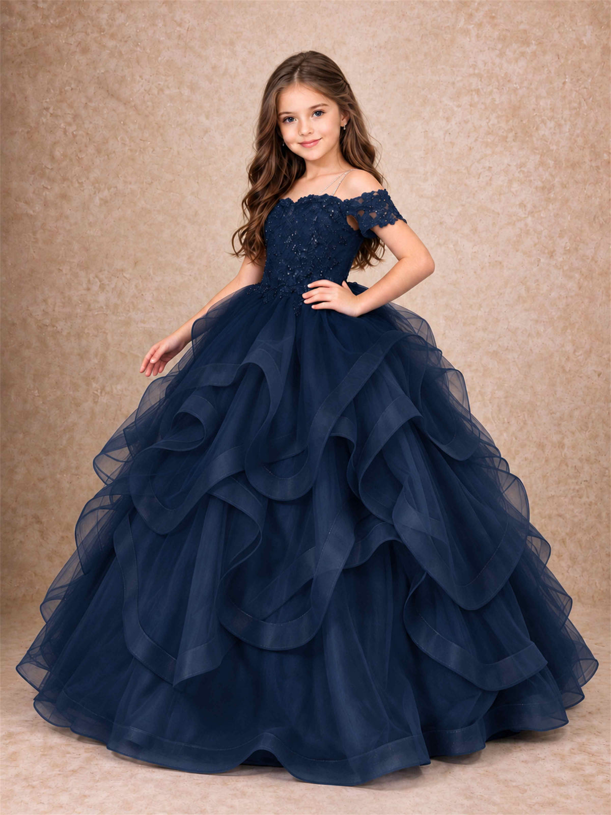 3D Floral Girls Pageant Dresses Off Shoulder Ruffled Tulle Princess Gown for Wedding Birthday Party
