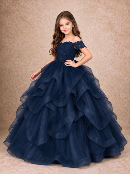 3D Floral Girls Pageant Dresses Off Shoulder Ruffled Tulle Princess Gown for Wedding Birthday Party